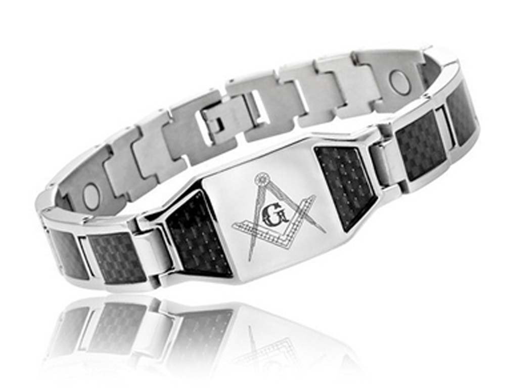 Masonic Bracelets Silver Tone Stainless Steel - Black Carbon Fiber Freemason Link Bracelet. Masonic Jewelry