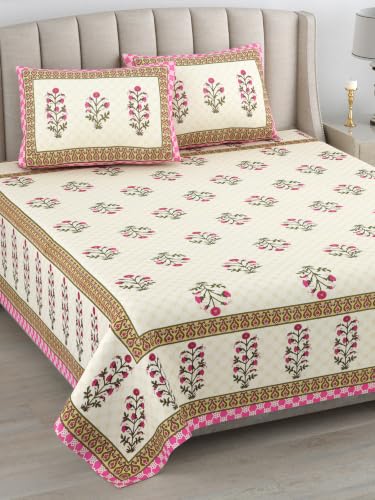 Image of 300 TC 100% Pure Cotton Bedsheet for Double Bed King Size (90x108) inch, Jaipuri Print Double Bedsheet with 2 Pillow Covers, Premium Printed Flat Bed Sheet