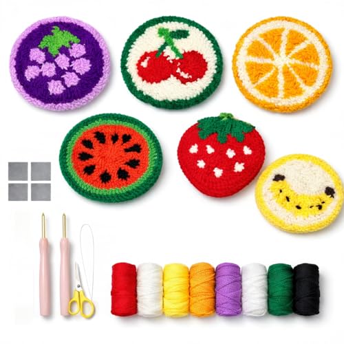 Image of Punch Needle Coaster Kit for Adults Beginners, Easy Punch Embroidery Starter Set with Instructions - Fun Mug Rug Making Kit for Table Decor & Festival DIY Gifts (6pcs Cute Fruits)