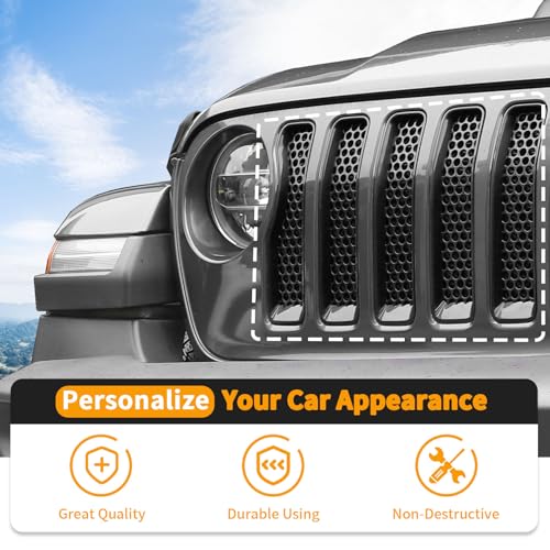 Image of Hoolcar Front Grill Insert Cover Trim Kit Compatible with Jeep Wrangler JL JLU 2018-2024 2025 Front Honeycomb Grille Cover Guard Exterior Accessories, Matte Black, 7 PCs