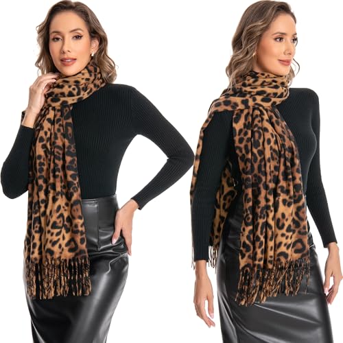 Leopard Scarf Women Chunky Scarves Winter Warm Thick Oversized Blanket Long Faux Cashmere Fringe Pashmina Shawl Wraps4
