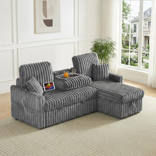 Image of KCGKCG 81 inch Sleeper Sofa Bed with Storage Chaise & USB Charging, Plush Corduroy L-Shaped Pull Out Couch Bed, Sectional Couches for Living Room with Cup Holder, Side Pocket(Light Grey)