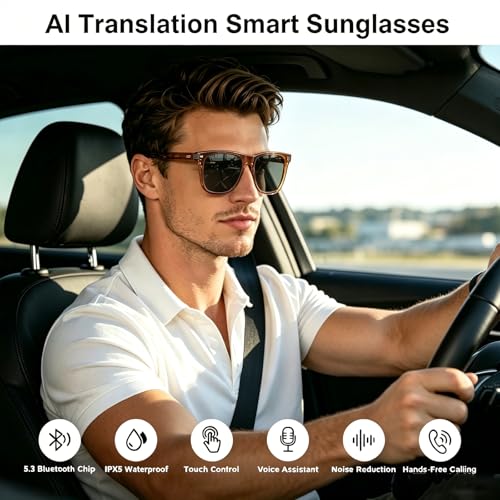 Image of AI Smart Glasses for Men Women, Bluetooth Translation Glasses with 169 Language, Auto On /Off by Wearing Sensor, Wide Face, UV400 polarized lens, Audio Smart Sunglasses for Travel Meeting Sports-Brown