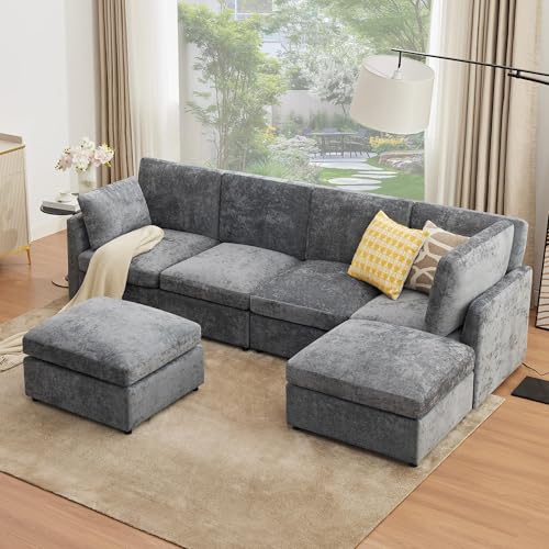 Tbfit U Shaped Couch, Sectional Sofa for Living Room,Chenille Cloud Couch with Ottoman 6 Seat, Grey