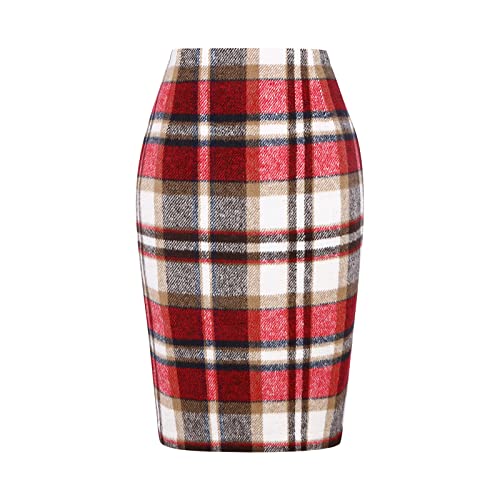 Mywinway Plaid Skirts for Women 2025 Fall Winter Knee Length Wool Pencil Skirt