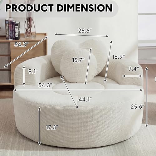 Image of Oversized Round Chair Lounge Chaise Indoor, 54.3 inch Upholstered Corduroy Deep Seat Single Cloud Sofa Chair with Heart-Shaped Pillow Modern Large Circle Boneless Couch for Living Room, Beige White