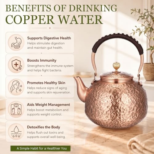 Image of Handmade Hammered Copper Tea Kettle for Stove Top, 2200 Ml / 2.3 Qt