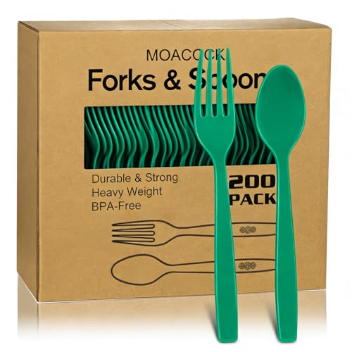 MOACOCK 200 Count Green Plastic Silverware Heavy Weight Plastic Forks Spoons Disposable Utensils Cutlery Set for Wedding Party Supplies Everyday Use