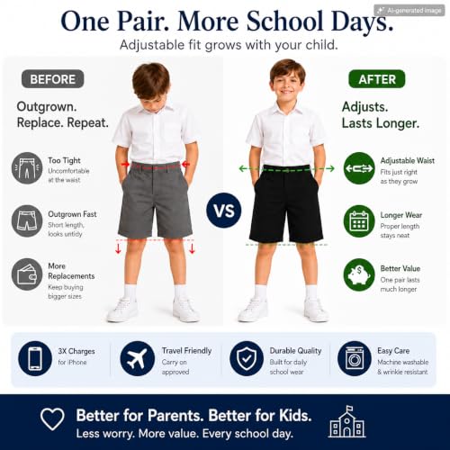 Image of Bienzoe Boys School Uniform Shorts: Flat Front Cotton Bermuda - Adjustable Waist - Breathable for Church Outdoor - Aged 4-13