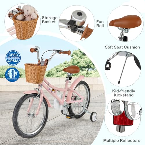 Image of BABY JOY Retro Kids Bike, 12 14 16 18 Inch Child Bike for 3-8 Years Old w /Rattan Basket, Adjustable Height, Training Wheels, Fenders, Handbrake Coaster Brake, 95% Pre-Assembled Kids Bicycle for Girls