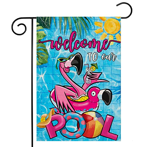 Summer POOL Garden Flags for Outdoor, Flamingo Welcome to Our POOL Small Yard Flags for Outside, Swimming Pool Decoration for Party Holiday 12x18 Inch Double Sided