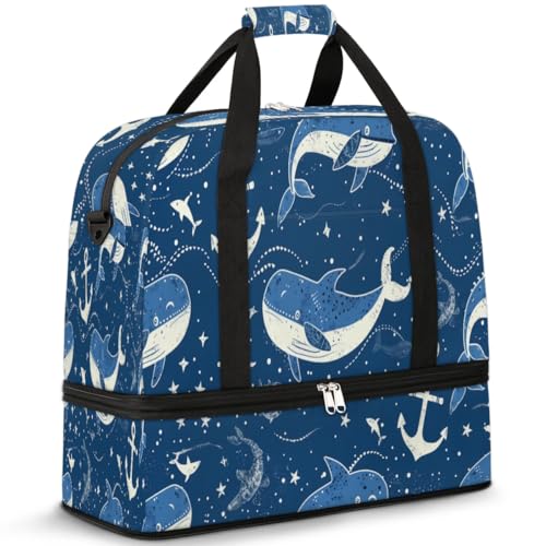 Travel Duffel Bag with Shoe Compartment, Whales Anchors Shoulder Weekender Bags for Women, Foldable Waterproof Travel Bag Carry on Bag