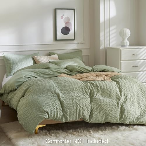 Image of JELLYMONI Light Green Duvet Cover Twin Size, 3pcs Washed Microfiber Bedding Set for Kids, Soft Breathable Seersucker Duvet Cover Set with Zipper Closure and Corner Ties for All Seasons
