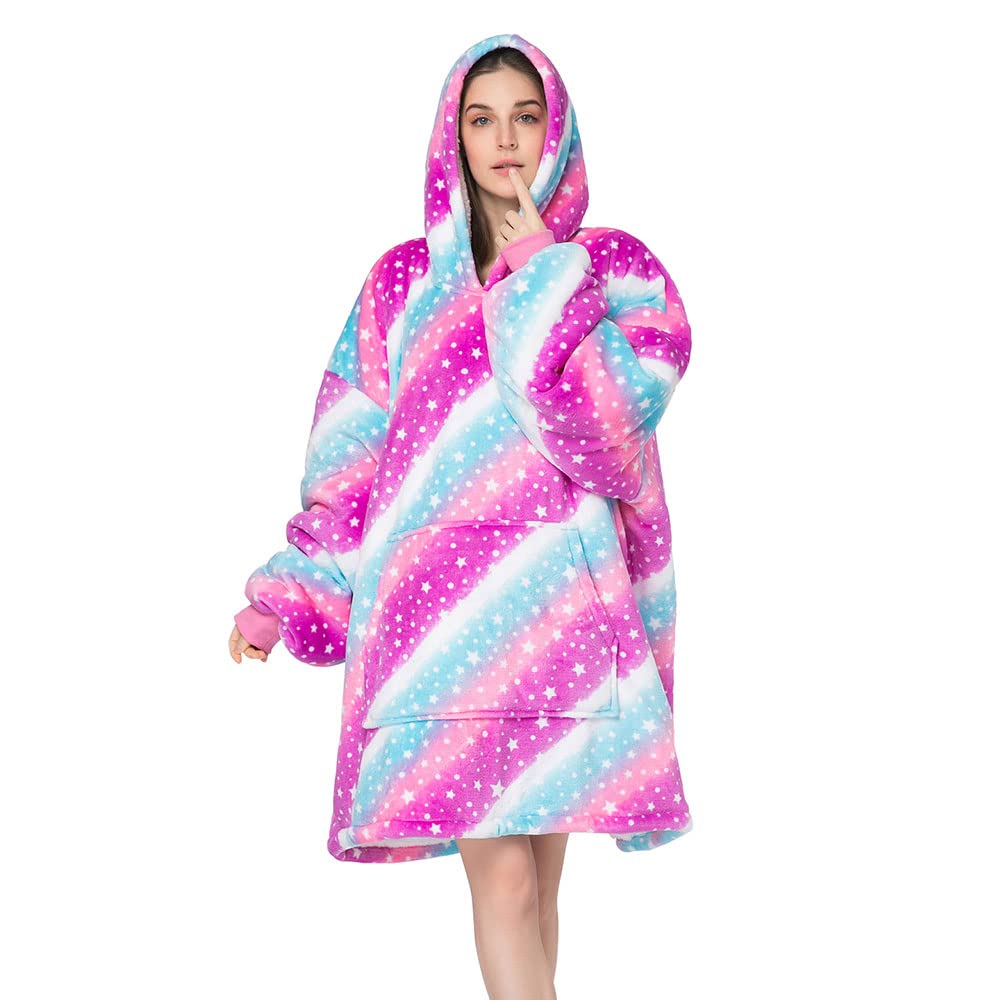 RONGTAI Oversized Hooded Wearable Blankets，Soft Plush Printed Sherpa Blanket Sweatshirt with Pockets，One Size Fits All，Galaxy