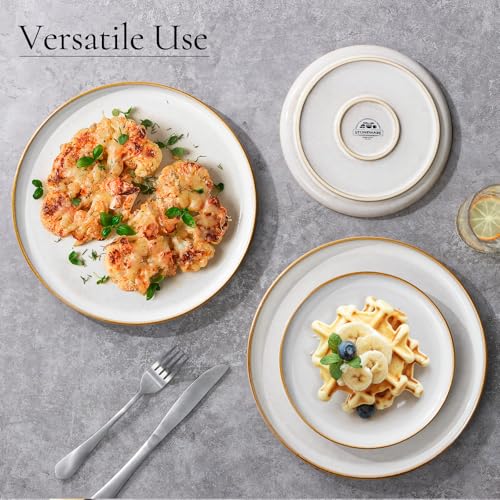 Image of E-far 8 inch Ceramic Salad Plates Set of 6, Reactive Glaze Stoneware Dishes, Round Dessert Plate for Home Kitchen Restaurant, Microwave & Dishwasher Safe - Seashell White