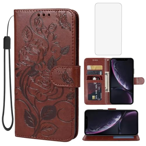 Étui portefeuille pour iPhone XR marron avec porte-cartes et vitre