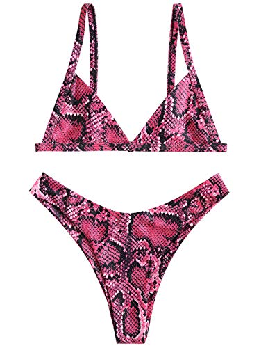 ZAFUL Womens Snakeskin Print Straps High Cut Wire Free Bikini Set Two Piece Swimsuits ¡­ (Blush Red, L)