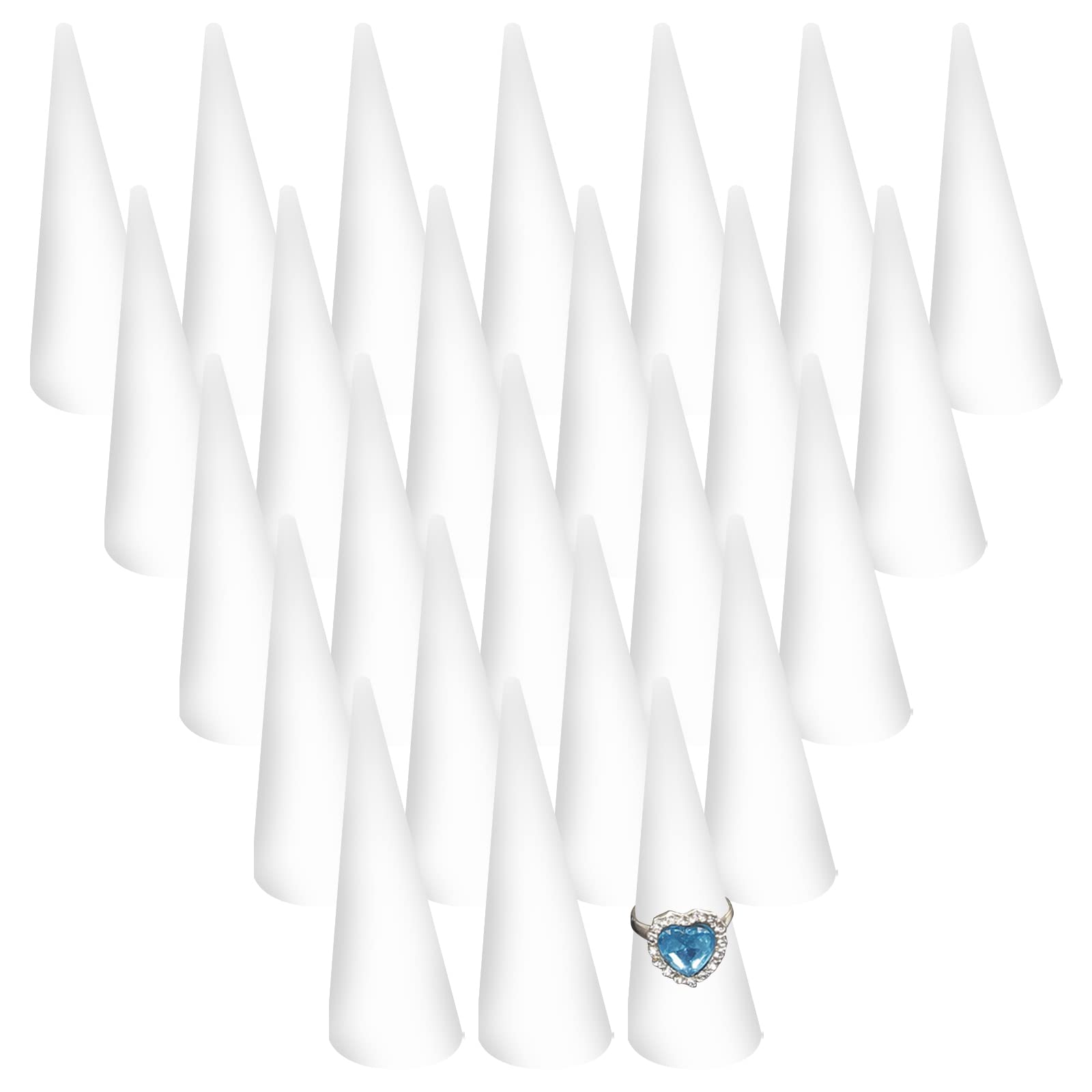 RMISODORMISODO 25 Pieces Cone Ring Holder, Plastic Ring Display Stand, Small Ring Organizer Tower, Showcase Storage Supplies for Women Girls DIY Craft Business Photoshoot Room Decoration, White
