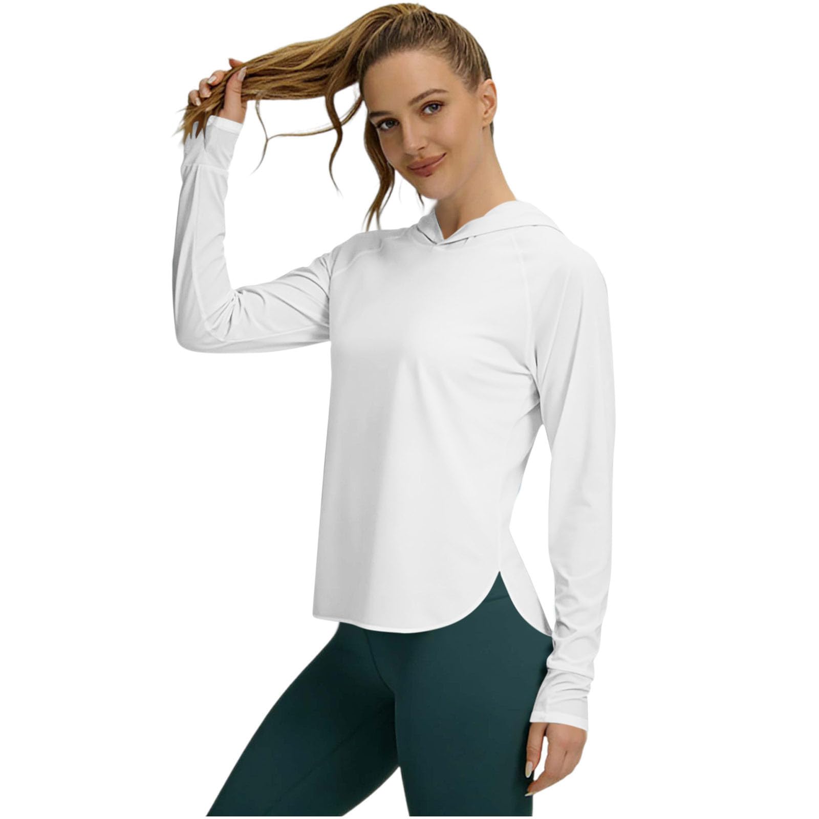 AMhomely Rash Guard Tops for Hiking Running Outdoor-UV T Shirt Women Long Sleeve with Hood, Lightweight Quick Dry SPF Gym Tees,Athletic Hoodies UPF 50+,Sportswear A White S