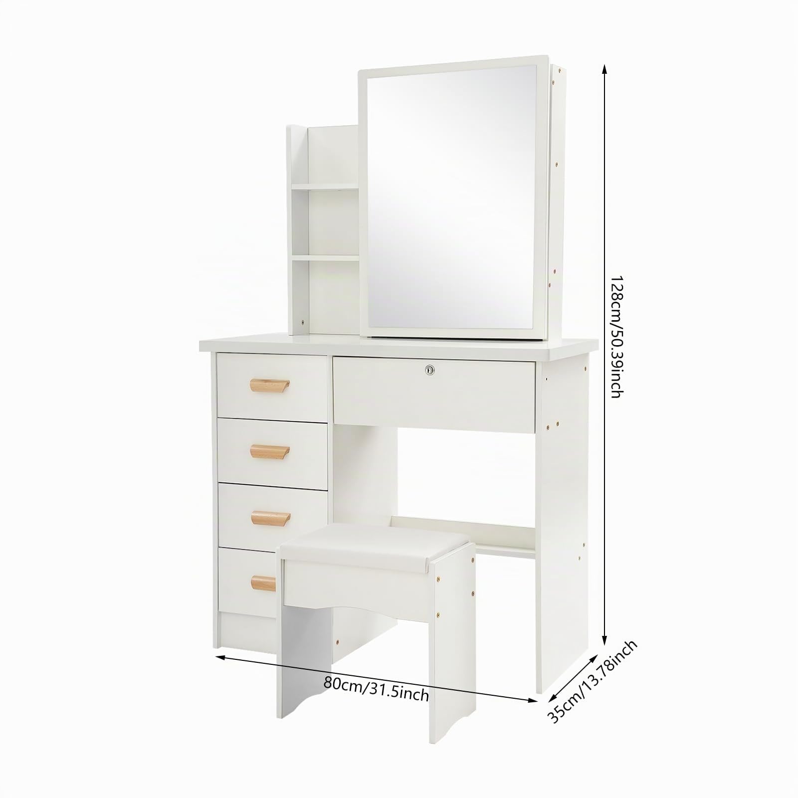Tocador con espejo, mesa de maquillaje 5 cajones, 80 × 35 × 128 cm, con taburete, hasta 100 kg, blanco | moderno | con cerradura