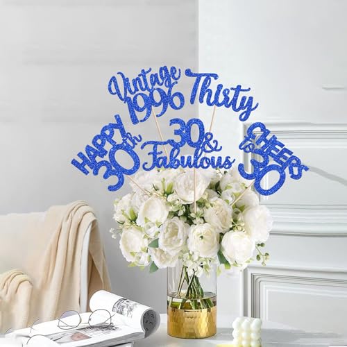 Image of 15 PCS 30th Birthday Centerpiece Sticks Thirty Happy 30 Vintage 1996 Table Flower Centerpieces Sticks Cheers to 30 Fabulous Floral Decorations for 30th Birthday Party Supplies Blue