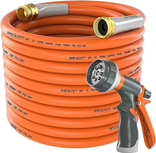 SPECILITE Garden Hose 150 ft x 5/8 in, Heavy Duty Leader Hose Extension, Flexible and Lightweight Water Hose, Kink-less Hybrid Rubber Hose with 3/4' Brass Fittings