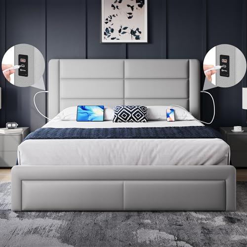 Yaheetech YT-00137724 Queen Size Bed Frame With 2 Usb Charging Station/Port For Type A&C/3 Storage Drawers,Leather Upholstered Platform Bed thumb #2
