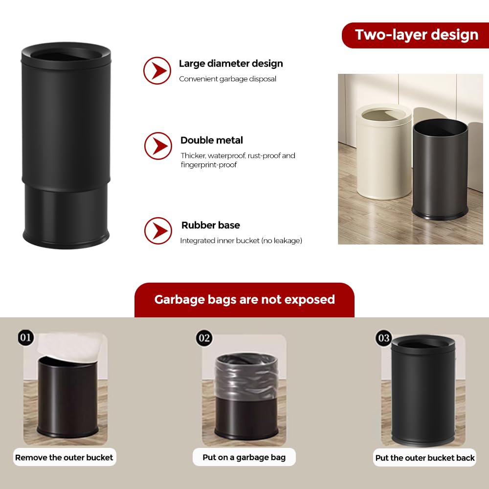 9L/2.3GAL Black Bathroom Trash Can, Small Office Wastebasket, Double Metal Bucket Body for Bathroom, Bedroom,Children's Room, Powder Room,Hotel,Bank (9L-Black)