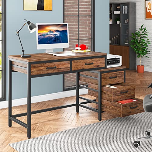 Image of Tribesigns Computer Desk with 5 Drawers, Home Office Desks with Reversible Drawer Cabinet Printer Stand, Industrial PC Desk with Storage, Rustic Study Writing Table Workstation for Small Spaces