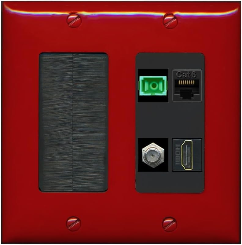 RiteAV 1 Port Fiber Optic Jack SC Simplex APC + Cat6 + Coax + HDMI Wall Plate - Brush [Red/White]