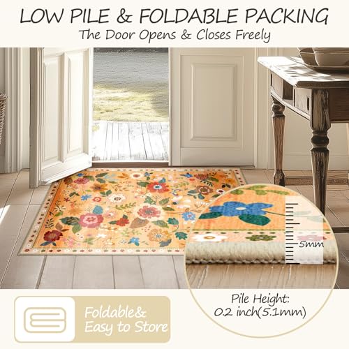 Floral 6ft Area Rug Machine Washable Soft Print Boho Carpet Non Slip Doormat Low Pile Flower Area Rugs for Living Room Bedroom Nursery Kitchen Dining Room Indoor-Yellow/Orange