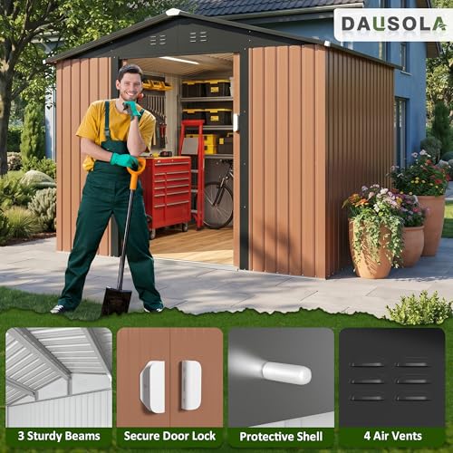 Image of DAUSOLA 8x6 FT Outdoor Storage Shed, Metal Garden Tool Shed with Updated Frame Structure and Lockable Doors, Ideal for Backyard Garden Patio Lawn, Brown