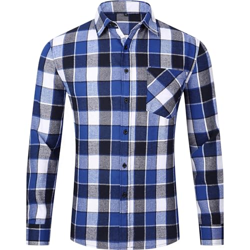 DOKKIA Men's Casual Dress Long Sleeve Buffalo Plaid Checkered Fitted Flannel Shirt Royal Blue Black Check X-Large