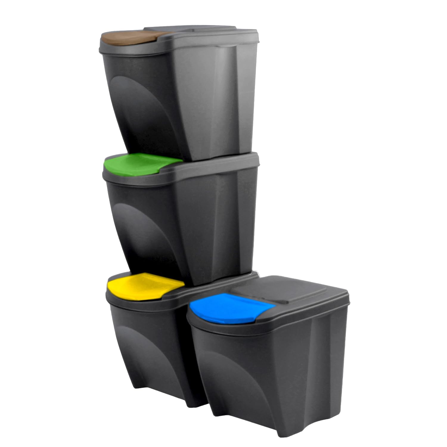 Set mit 4 Mülleimern SortiBox, Mülltonne, Abfalleimer | für Mülltrennung | stapelbar | aus Kunststoff | 100 Liter (4 x 25 l) | schwarz | für den Innenbereich