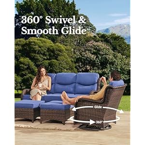 Luxury high back outdoor furniture 6 inch thick cushion swivel rocking patio chairs and 3 seat sofa 6 pcs wicker conversation set for yard in blueversion 20  urban country home decor