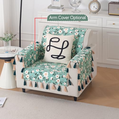 Image of HOKIPO Printed Holland Velvet Sofa Cover with Tassels for 1 Seater Sofa | Full Protection for Sofa Seat and Back | 'Whispers of Nature' (160x60 cm), Sage Floral Vine (IN-1125-D8)