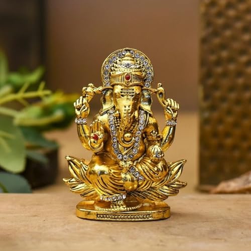 Image of Lord Ganesha Car Dashboard Idol & Crystal Stones Lotus Base Design Hindu God Ganpati.Believed to Protect and Bless Travelers on Their Journeys.(Gold)