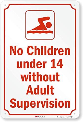 SmartSign 18 x 12 inch “No Children Under 14 Without Adult Supervision” Metal Sign, 63 mil Aluminum, 3M Laminated Engineer Grade Reflective Material, Red and White