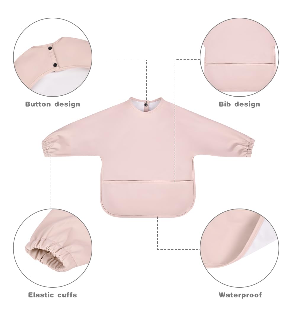 Vicloon Bavaglino a Manica Lunga, Bavaglini con Maniche per Pappa Svezzamento, Bavaglino Bambini Impermeabile con Tasca Frontale, Drool Bavaglino in Tessuto PU Impermeabile per Bambini da 6 a 12 Mesi