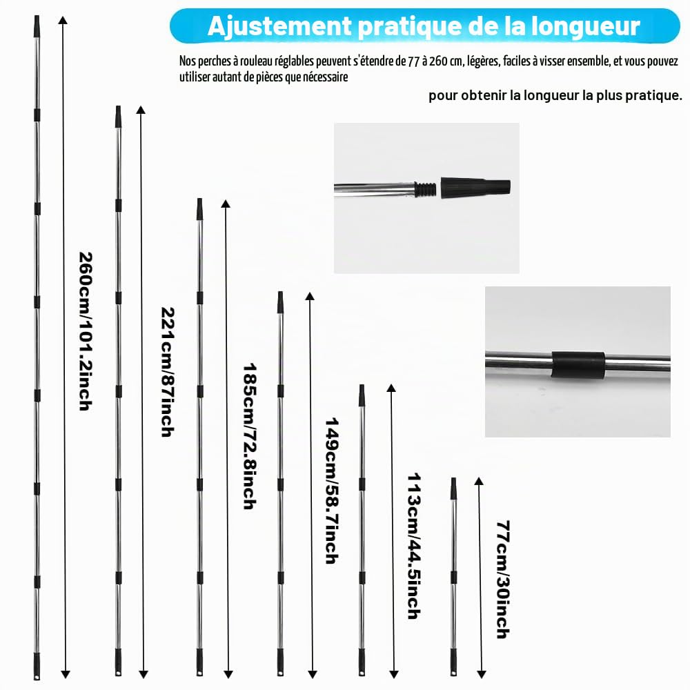 Perche d'Extension Télescopique, 260 CM Tige Télescopique pour Rouleau Peinture Rallonge pour Rouleau à Peinture Poignée d'Extension de Peinture en Acier Inoxydable pour Nettoyage de Vitres