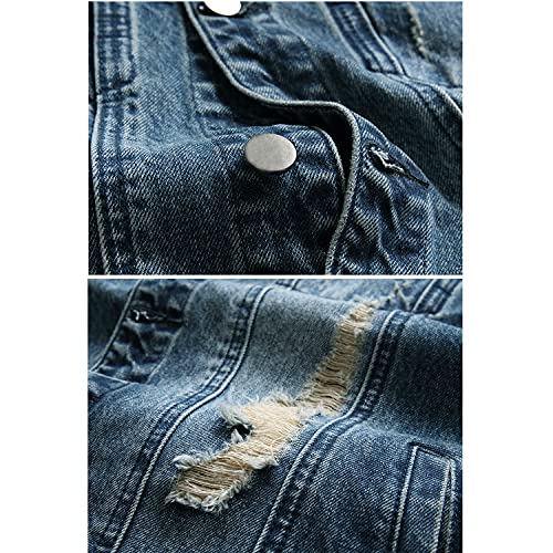Image of RANMCC Men's Elastic Ripped Denim Jacket, Vintage Washed Frayed Trucker Coat, Lightweight Casual All Season Street Outerwear