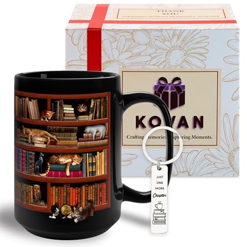 Library Bookshelf Coffee Mug Gifts for Book Lovers, Readers, Bookish, Birthday, Mothersday, Fathersday, Christmas Library Mug for Cat and Book Lover Black Coffee Mug 15Oz With Keychain
