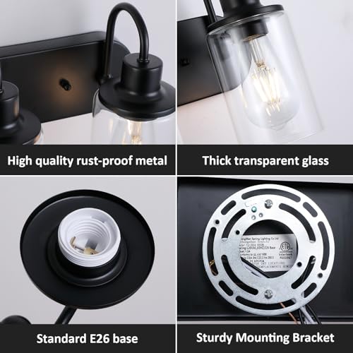 Image of Matte Black Bathroom Light Fixtures Over Mirror,2-Light Bathroom Vanity Light with Clear Glass Shade,Modern Farmhouse Wall Sconces Lighting for Kitchen Living Room Bedroom Cabinet