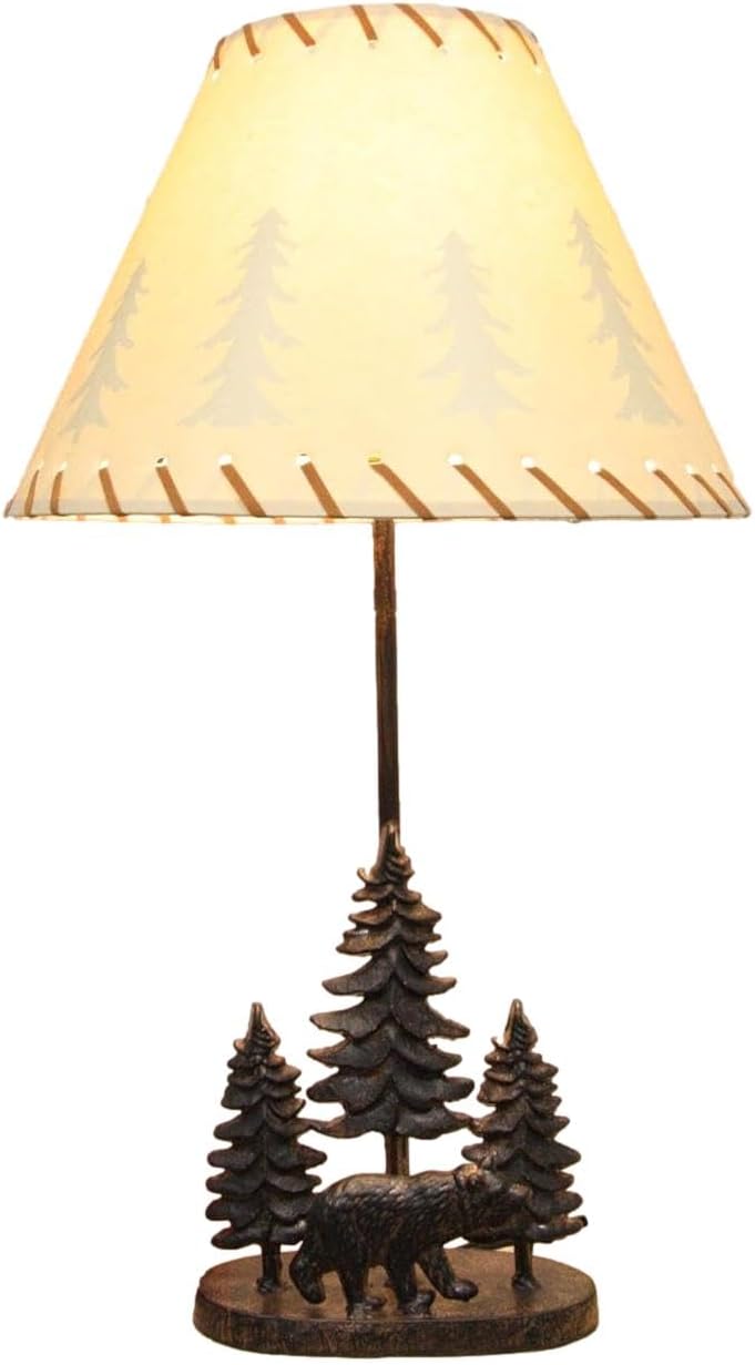 Ebros Rustic Midnight Black Bear Roaming in Pine Trees Forest Metal Table Lamp Statue with Pine Tree Shadows Printed Shade 24.5" High Mountain Woodland Cabin Lodge Western Decor Bears Desktop Lamps