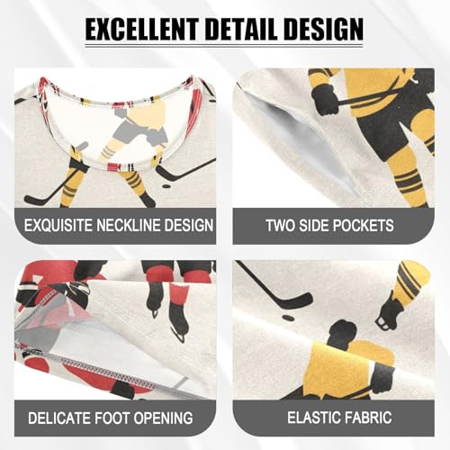 ALAZA Ice Hockey Cartoon Yellow Red Pajamas Set Short Sleeve Cotton Sleepwear Summer Pjs 2 Piece 5-14Y4