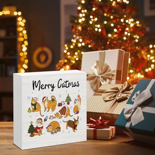 Image of Cat Christmas Decor, Merry Christmas Wood Box Sign, Cats Lovers Gifts for Women, Farmhouse Xmas Home Office Decorations for Desk Table Shelf 5 X 5 Inches