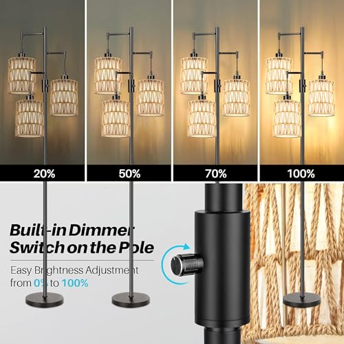 Image of ZECOXOL Boho Floor Lamp for Living Room Bedroom-3 Light Dimmable Floor Lamp with Three Led Bulb, Rustic Tall Lamp Black Standing Lamp Tree Floor Lamps for Living Room Bedroom,Office,Corner