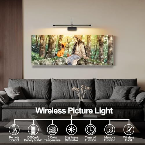Image of Battery Operated Picture Light with Remote, 24 inch Wireless Rechargeable Art Light with Timer, Dimmable 3CCT Gallery Lighting for Paintings, Portraits, and Canvas (Black)