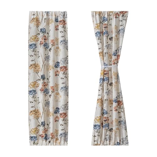 Image of MYSKY HOME Floral Linen French Door Curtains 72 inch Long 2 Panels for Front Door - Light Filtering Privacy Semi Sheer Window Curtains with Rod Pocket, Yellow, 24 inch W x 72 inch L