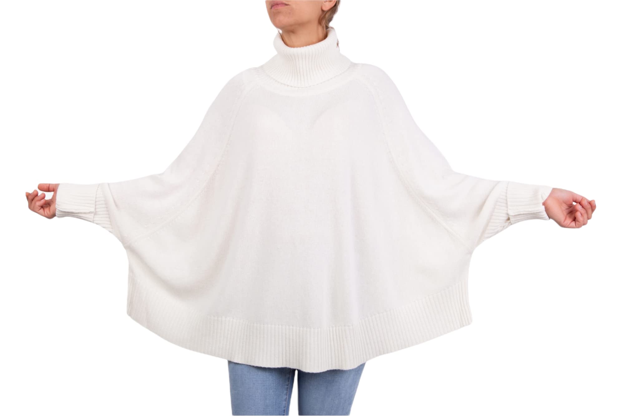 mere Blend Poncho Kimono Collar Ring Women Made in Italy Double Thread Long Sleeve Merino Wool mere Cape One Size Gift Winter Clothing Wraps, White, One size